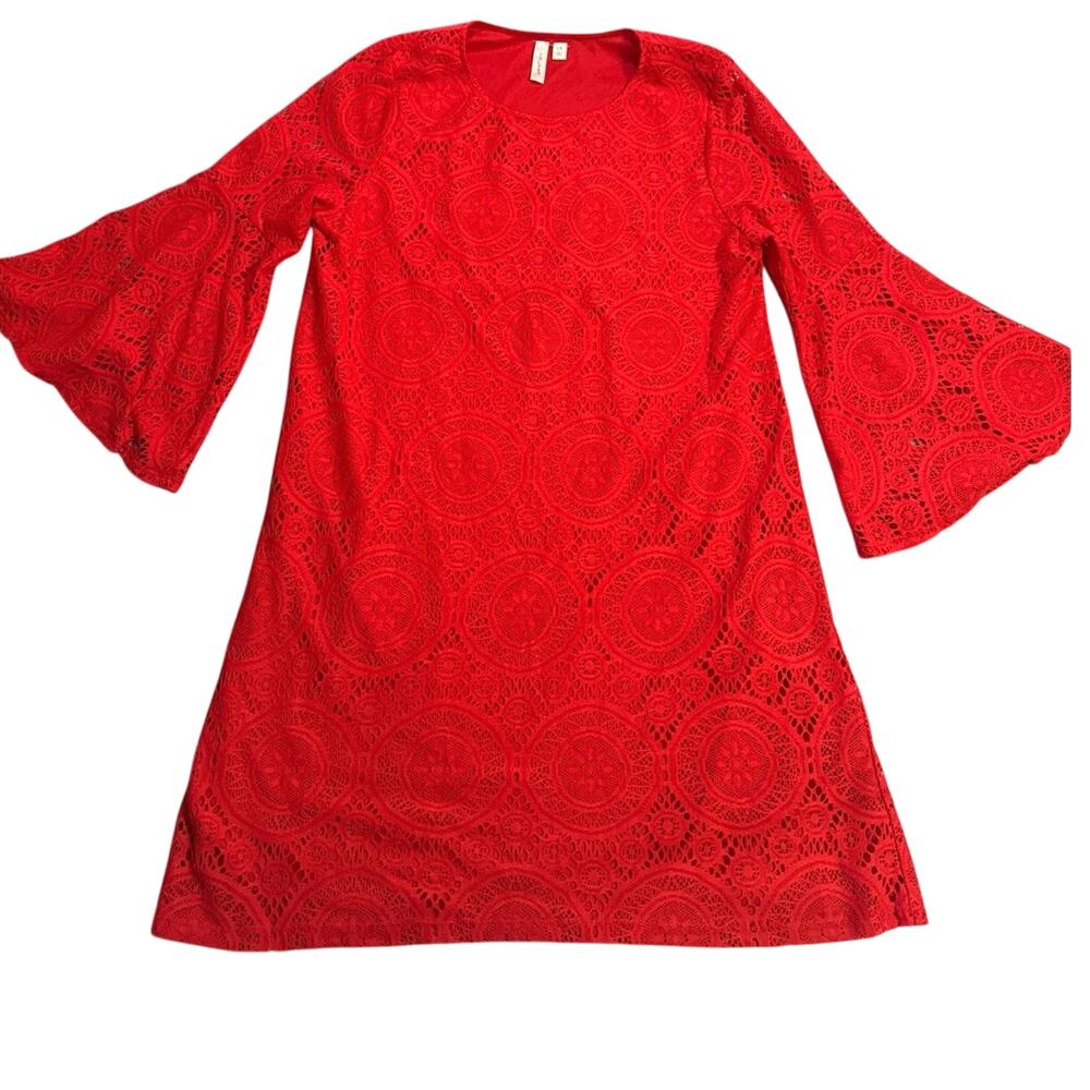 Tacera Red Lace womens 1x Dress with long sleeve flared.